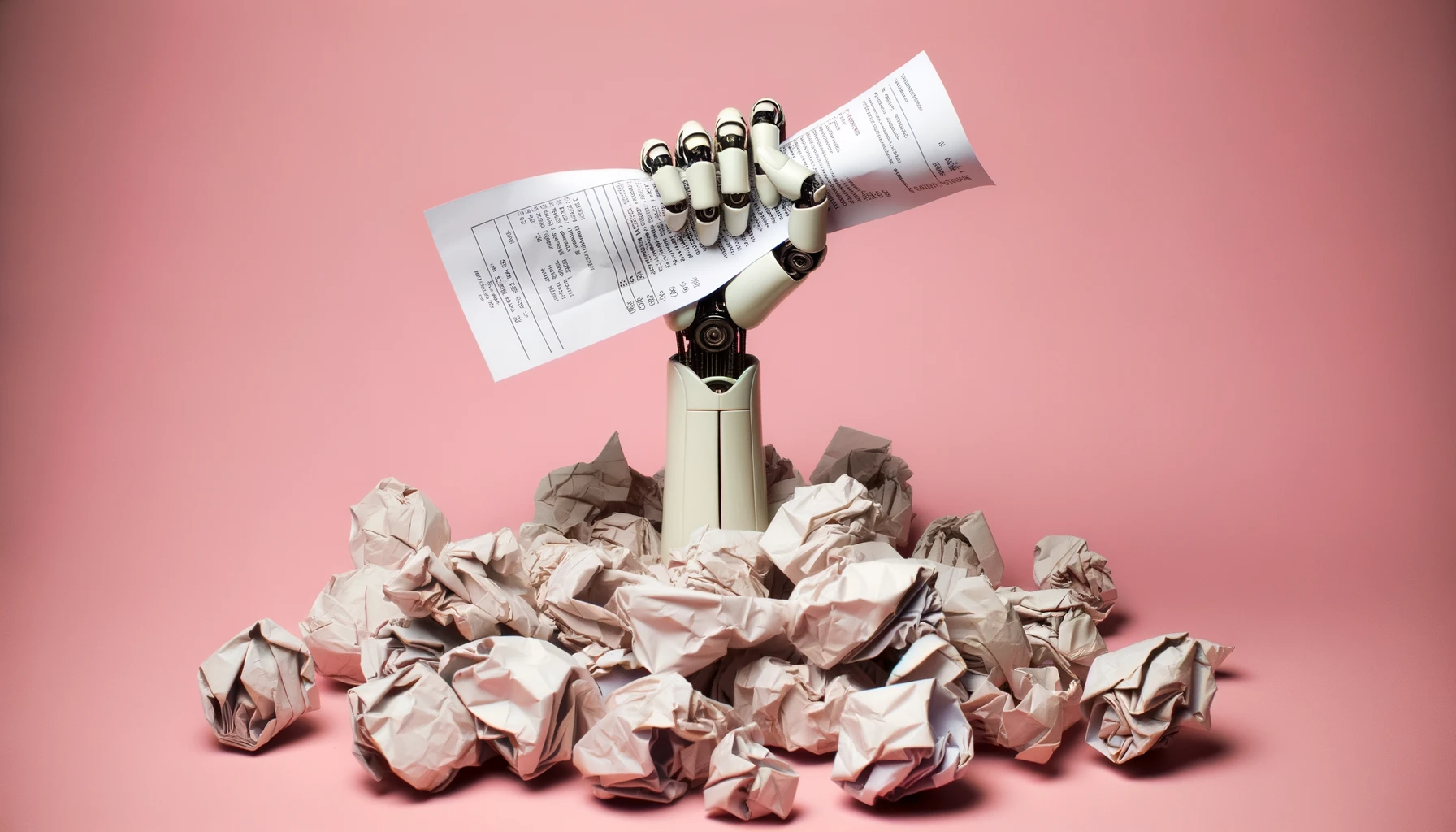 DALL·E 2023-10-13 21.51.18 - Photo of a woman's hand, a blend of robot and human, signifying triumph, emerging from a pile of slightly crumpled invoices and receipts. The biomecha.png