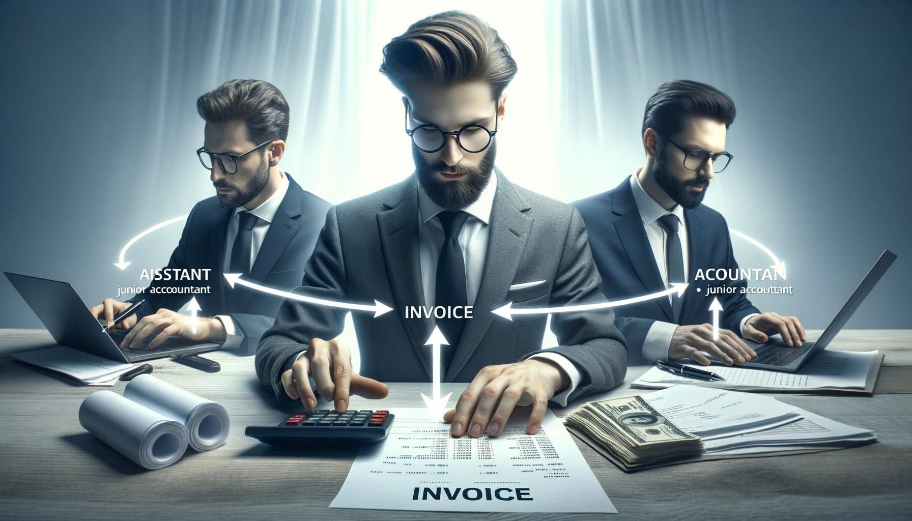 DALL·E 2023-10-14 17.32.46 - Professional and realistic image against a FCBE37 hue, 1200x600px in dimension. The setting captures an assistant, a manager, a junior accountant, and.png
